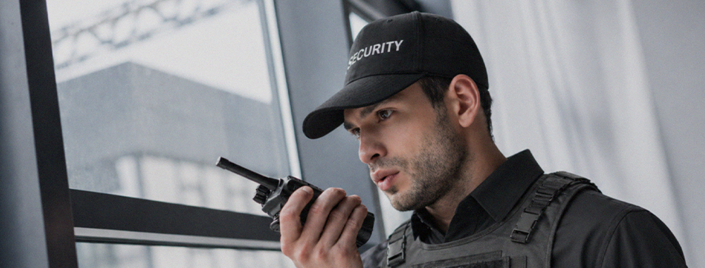 Security team members standing together, professional and united